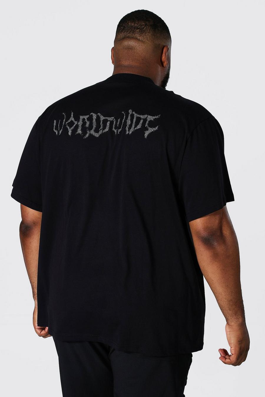 T-shirt Plus Size con scritta Worldwide con strass sul retro, Nero negro image number 1