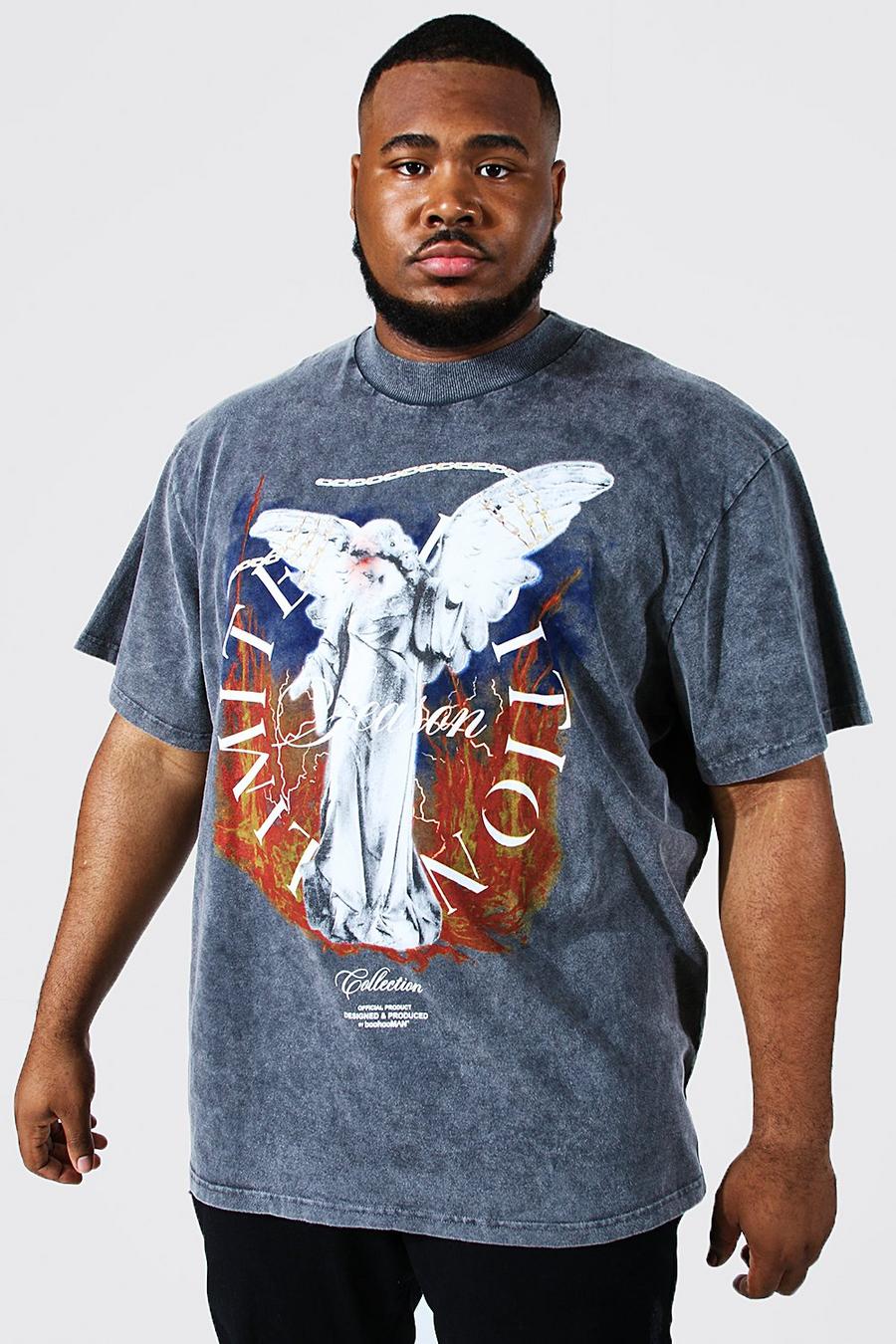 Camiseta Plus con lavado de ácido y cuello extendido con estampado de estatua, Charcoal grigio image number 1