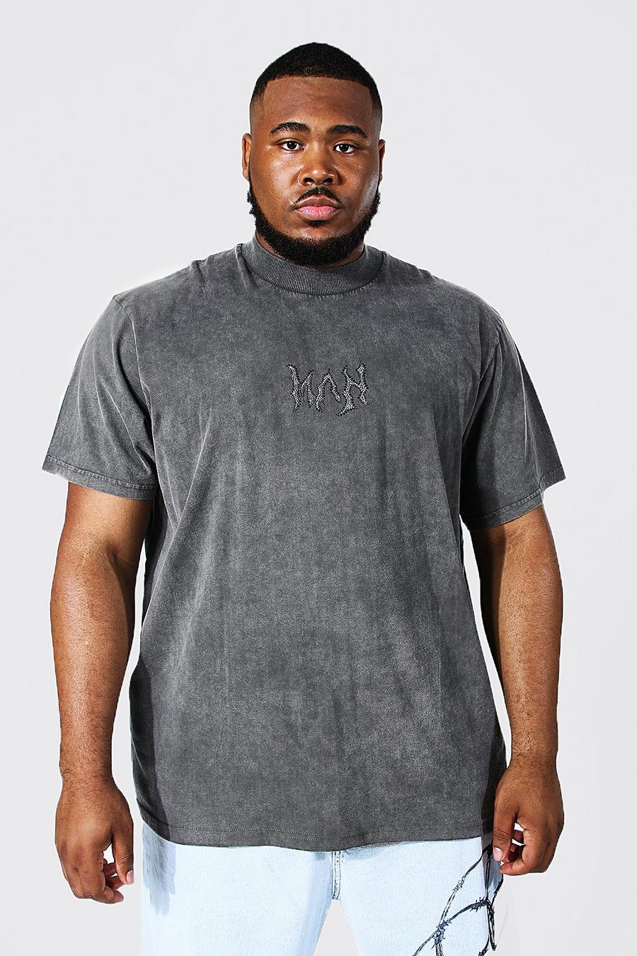 Plus Size Man besticktes T-Shirt mit Print, Charcoal grey image number 1
