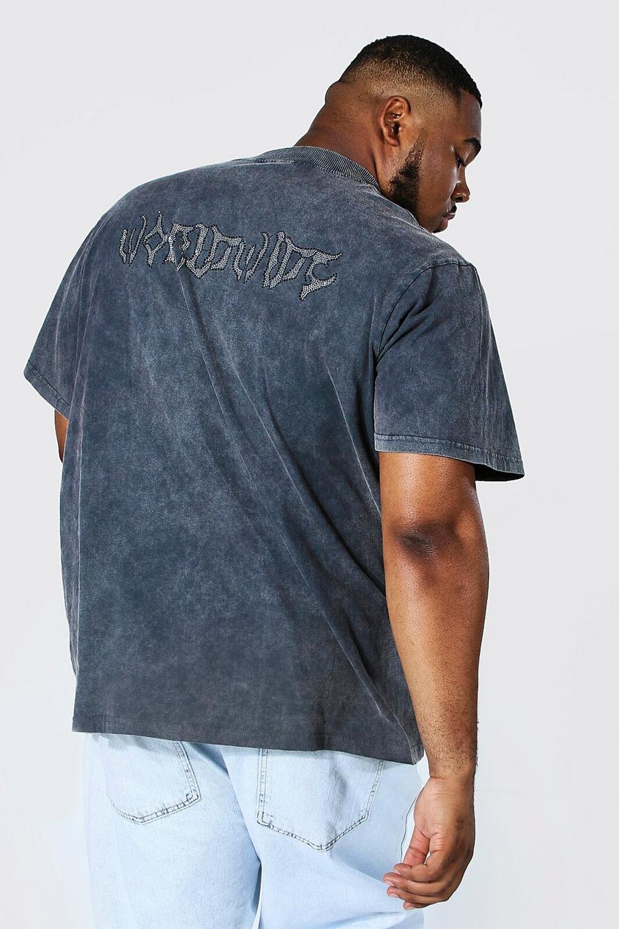 Charcoal grey Plus Size Acid Wash Gebleekt Worldwide Rhinestone T-Shirt image number 1
