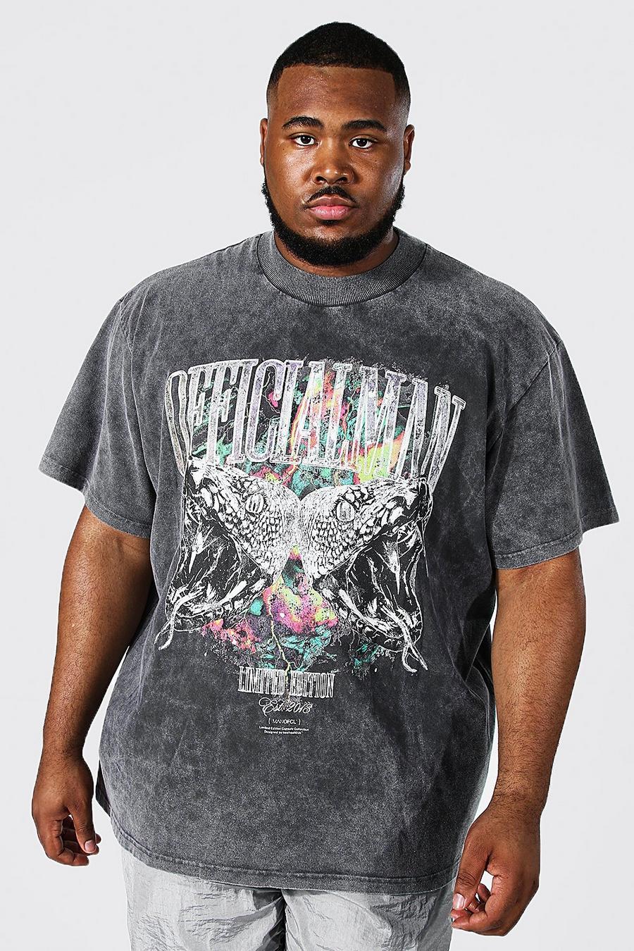 Charcoal gris Plus Acid Wash Gebleekte Baggy Slangenprint T-Shirt image number 1