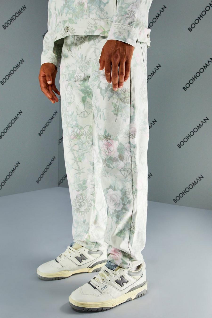 Pale green Relaxed Fit Rigid Floral Jeans image number 1