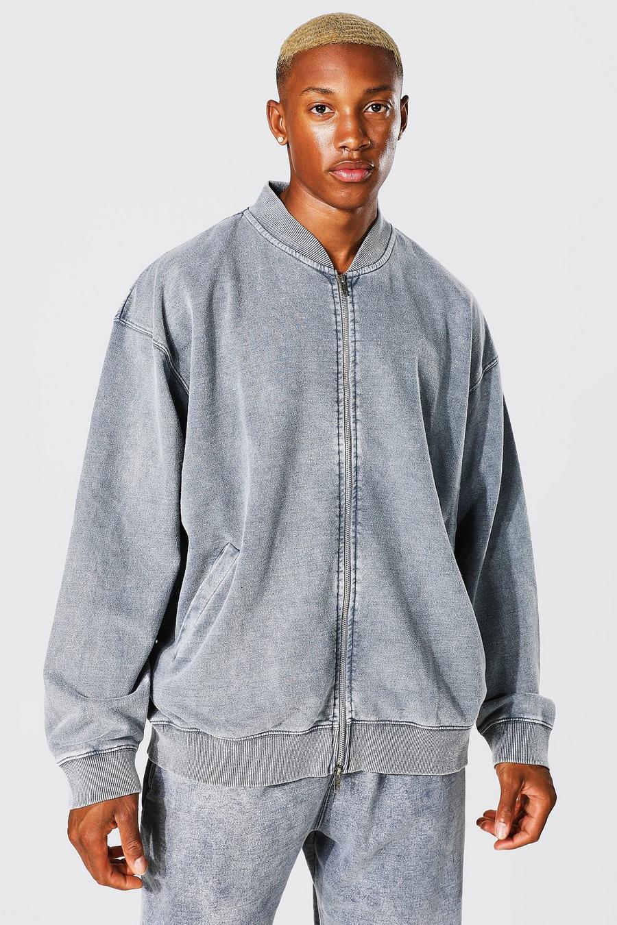 Charcoal Oversized Washed Zip Through Jersey Bomber image number 1