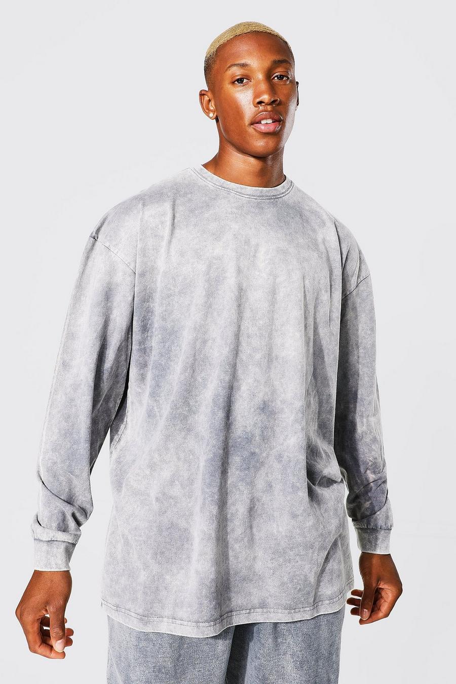 Charcoal grå Oversized Long Sleeve Washed T-shirt image number 1