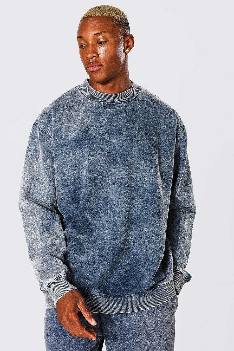 Navy marinblå Oversize sweatshirt med tvättad effekt och hög halsmudd image number 1