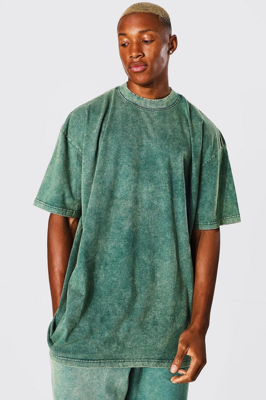 Green grön Oversize t-shirt med tvättad effekt och hög halsmudd image number 1