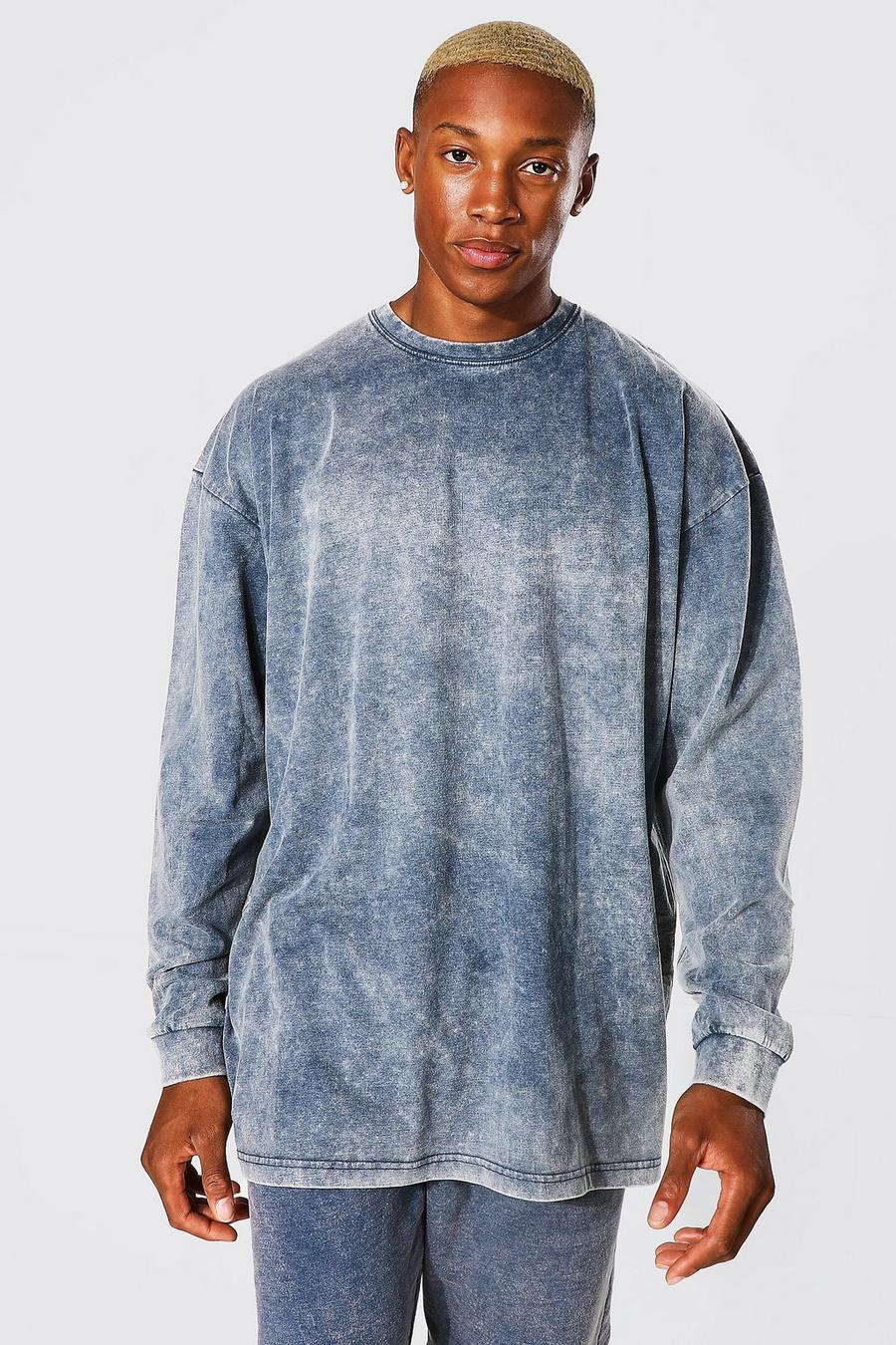 Navy marinblå Oversized Long Sleeve Washed T-shirt image number 1