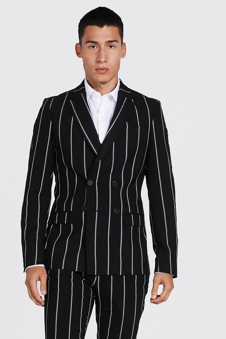 Black svart Double Breasted Skinny Pinstripe Suit Jacket