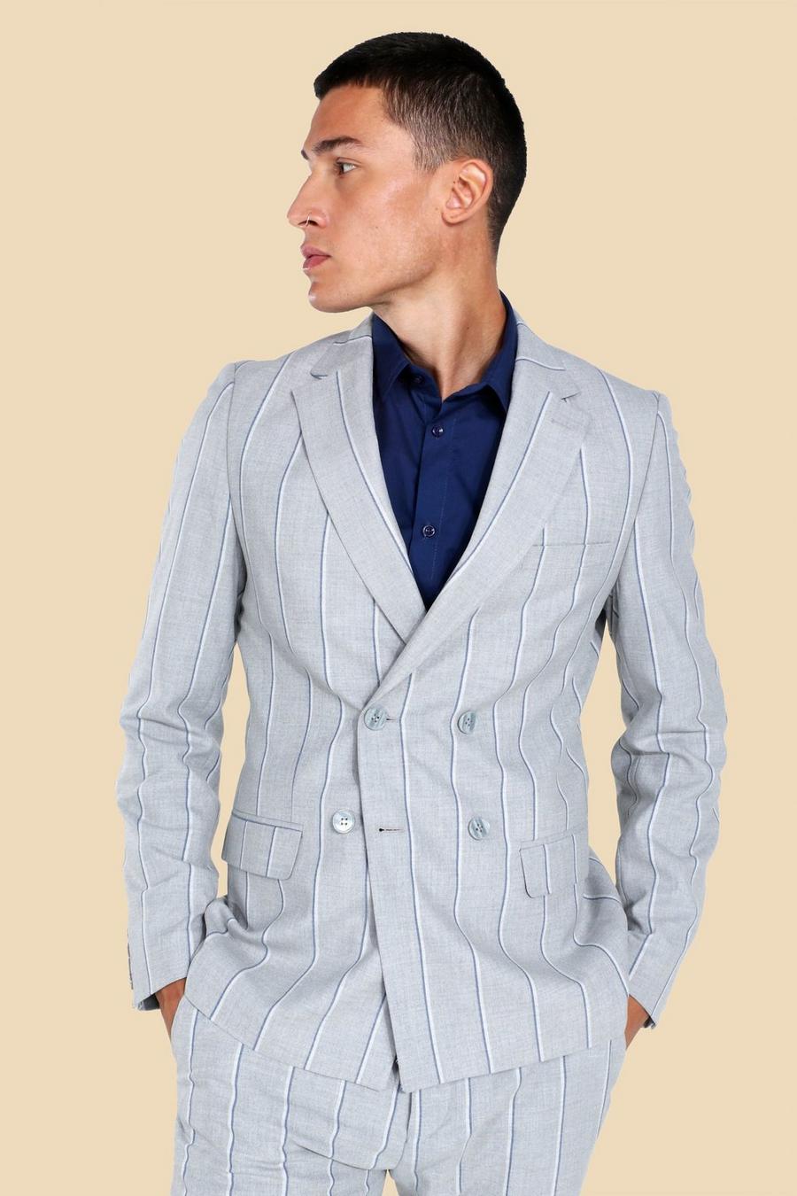Grey grå Double Breasted Skinny Pinstripe Suit Jacket image number 1