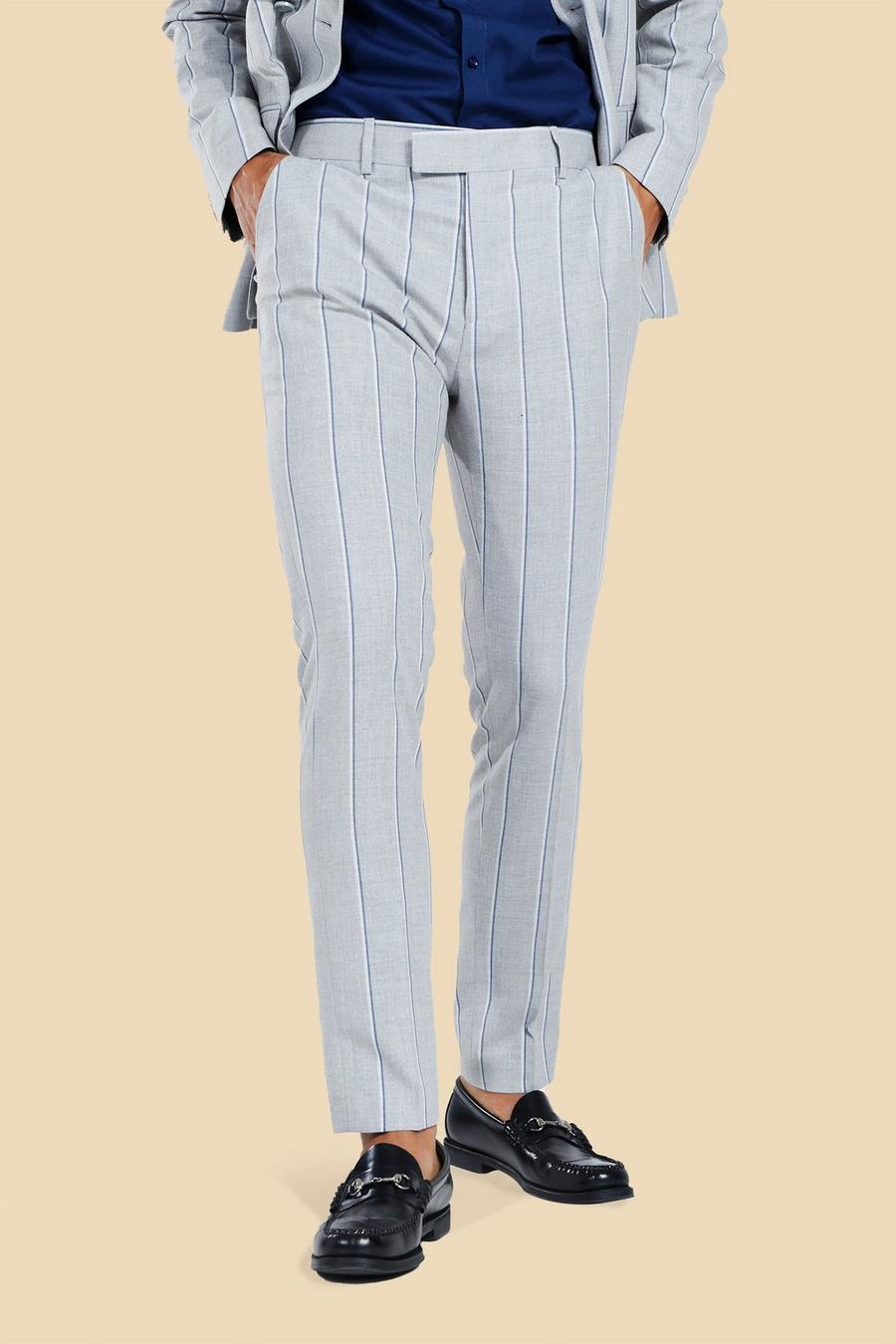 Grey Kritstrecksrandiga kostymbyxor i skinny fit image number 1