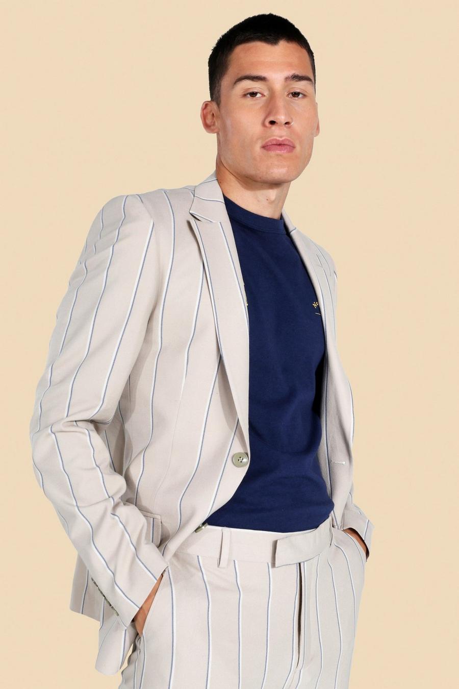 Beige Single Breasted Skinny Pinstripe Suit Jacket image number 1