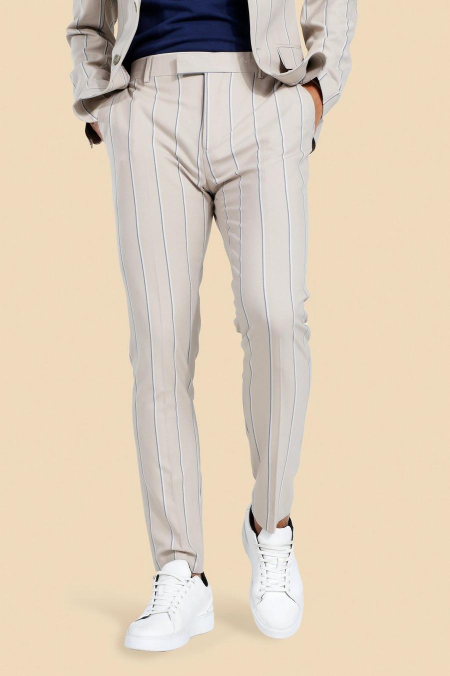 Beige Skinny Pinstripe Suit Trousers image number 1