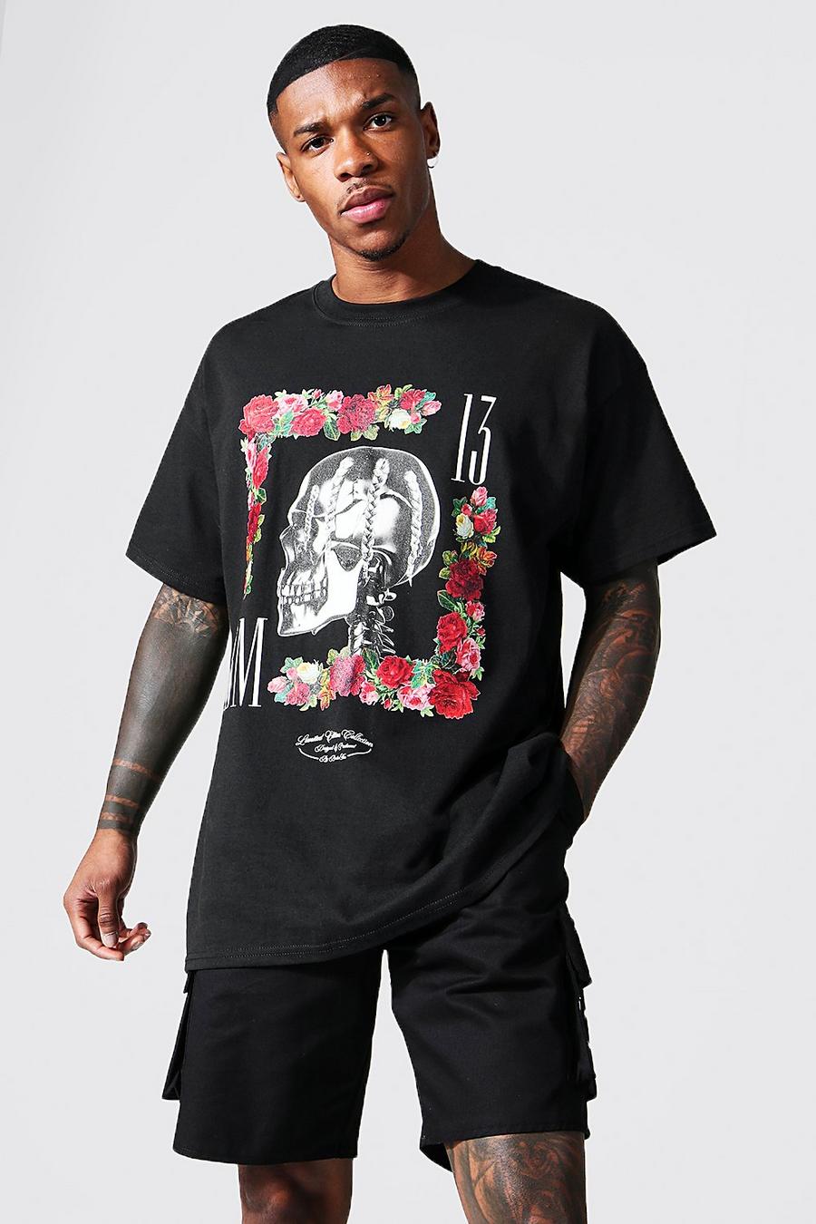 T-shirt oversize imprimé tête de mort et fleurs, Black image number 1