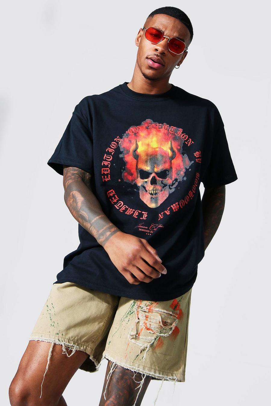 Black Oversized Demon Skull Graphic T-shirt image number 1