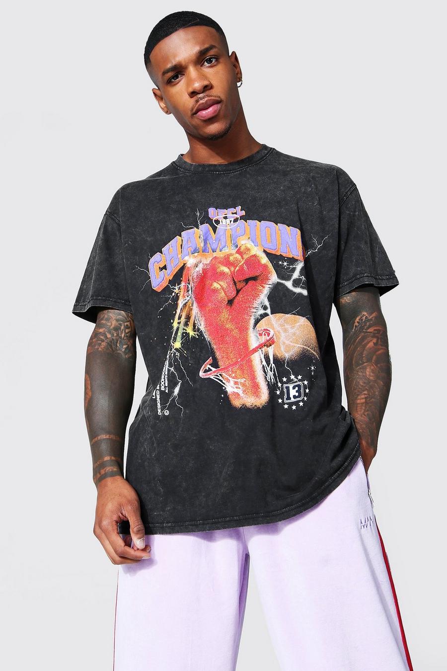 Charcoal grey Oversized Champions Graphic Acid Wash T-shirt image number 1