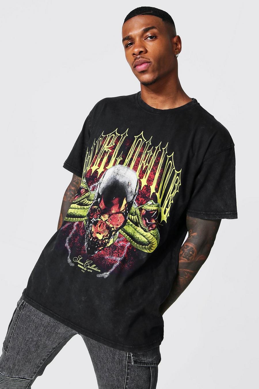 Charcoal grå Oversized Skull Graphic Acid Wash T-shirt image number 1