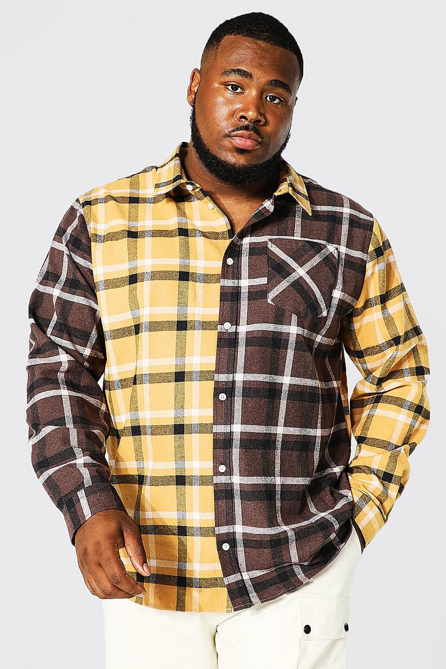Brown brun Plus Long Sleeve Spliced Check Shirt image number 1
