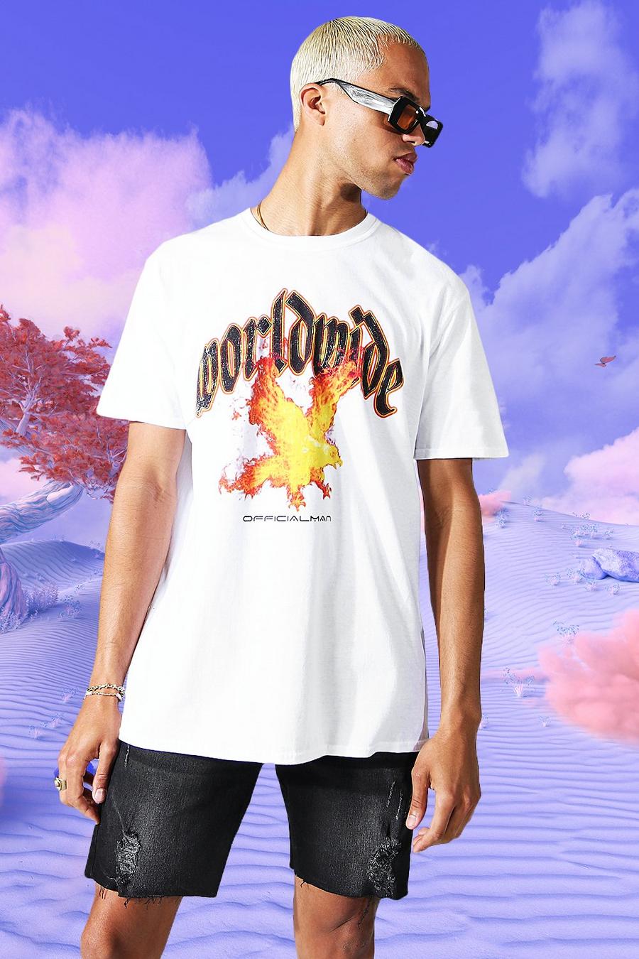 White Oversized Worldwide Flame Graphic T-shirt image number 1