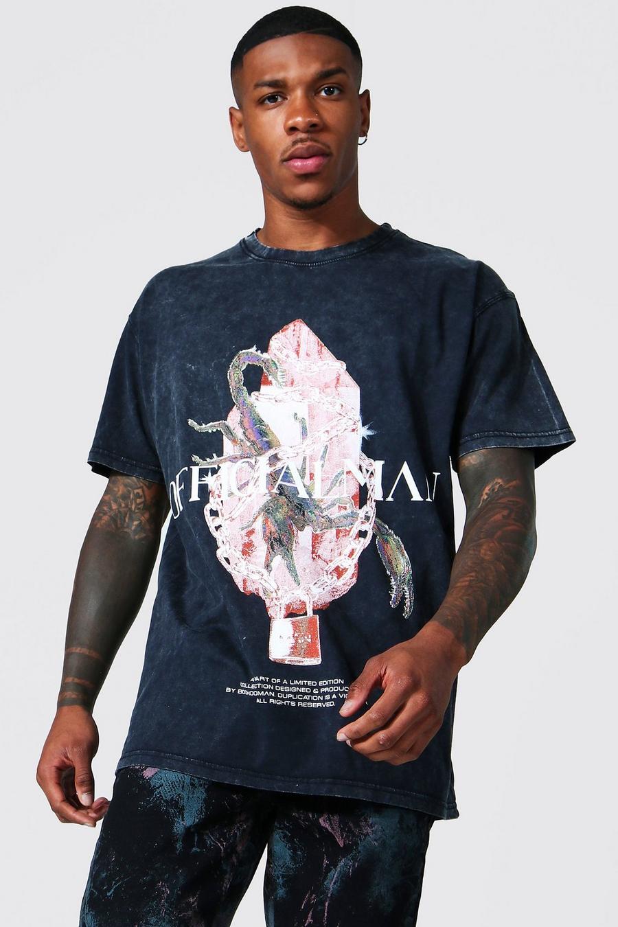 Camiseta oversize con lavado a la piedra y estampado gráfico de escorpión, Charcoal gris image number 1
