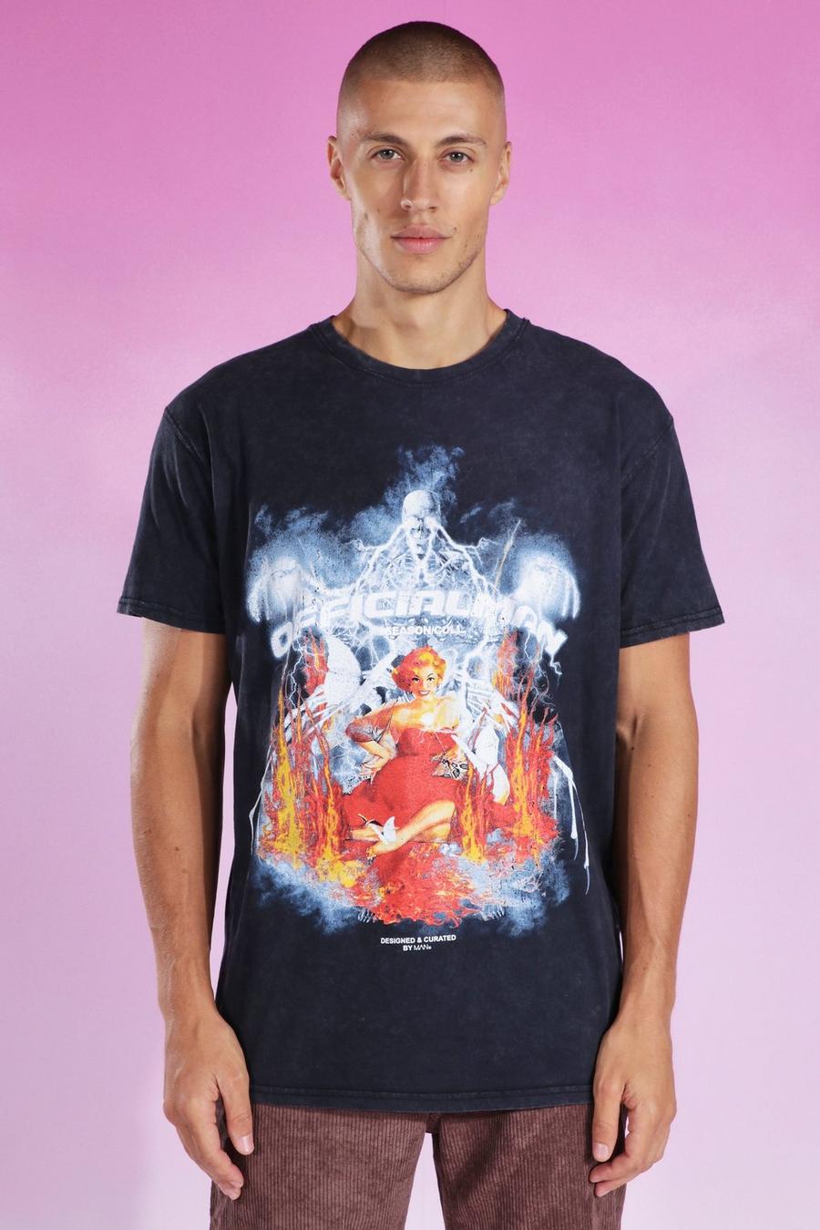 Charcoal grå Oversized Man Graphic Acid Wash T-shirt image number 1