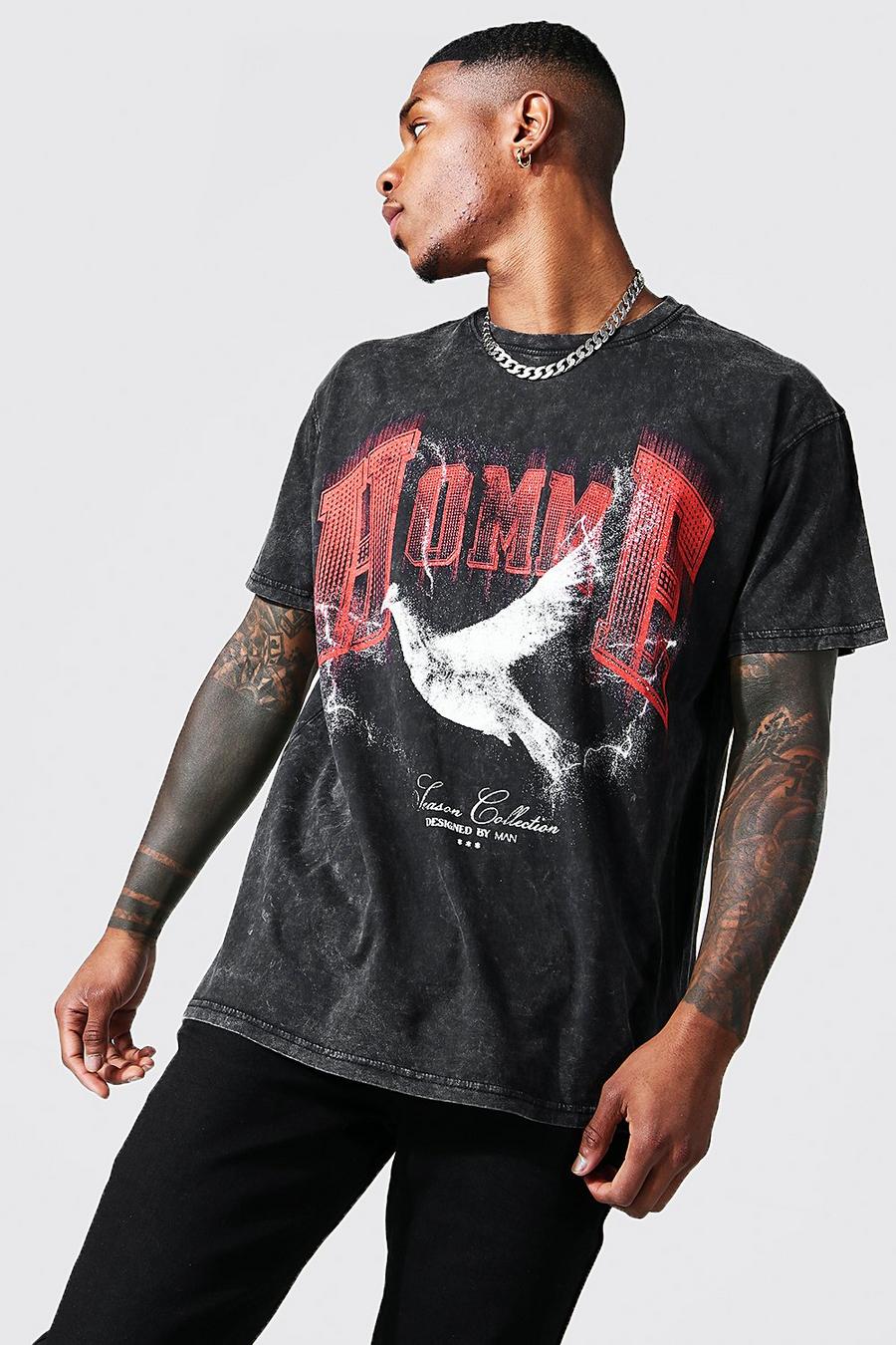 Camiseta oversize con lavado a la piedra y estampado gráfico de paloma, Charcoal grey image number 1