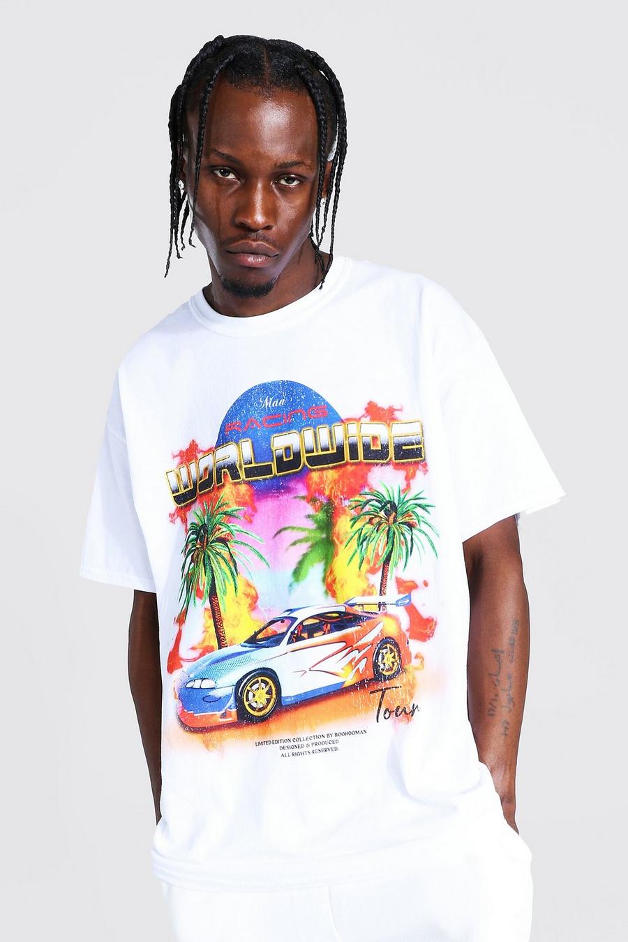 T-shirt oversize con grafica Worldwide con automobile, White image number 1