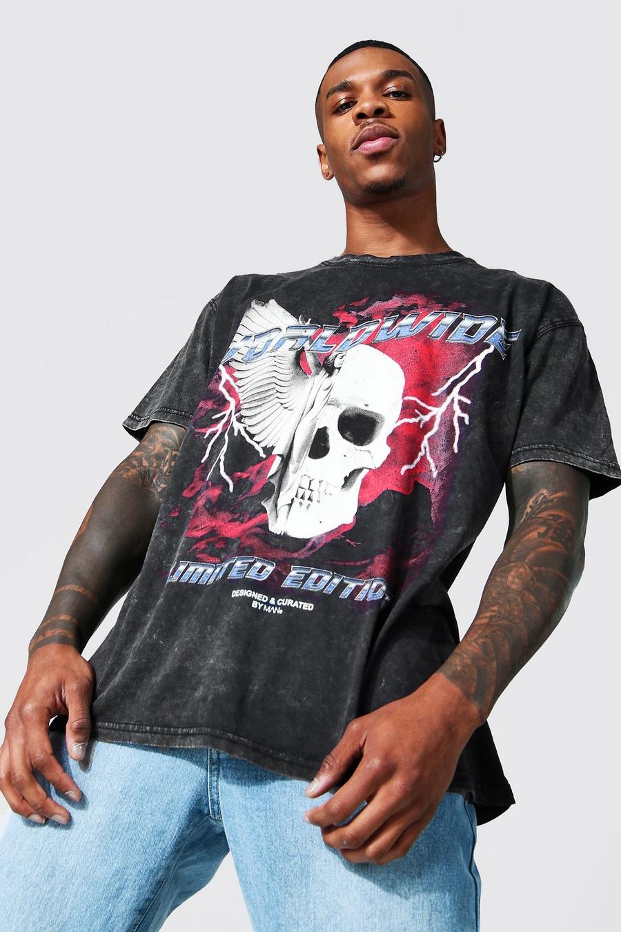 Camiseta oversize con lavado a la piedra y estampado gráfico de calavera, Charcoal gris image number 1
