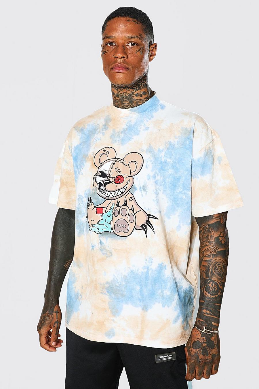 T-shirt oversize effet tie dye à imprimé ours en peluche, Beige image number 1
