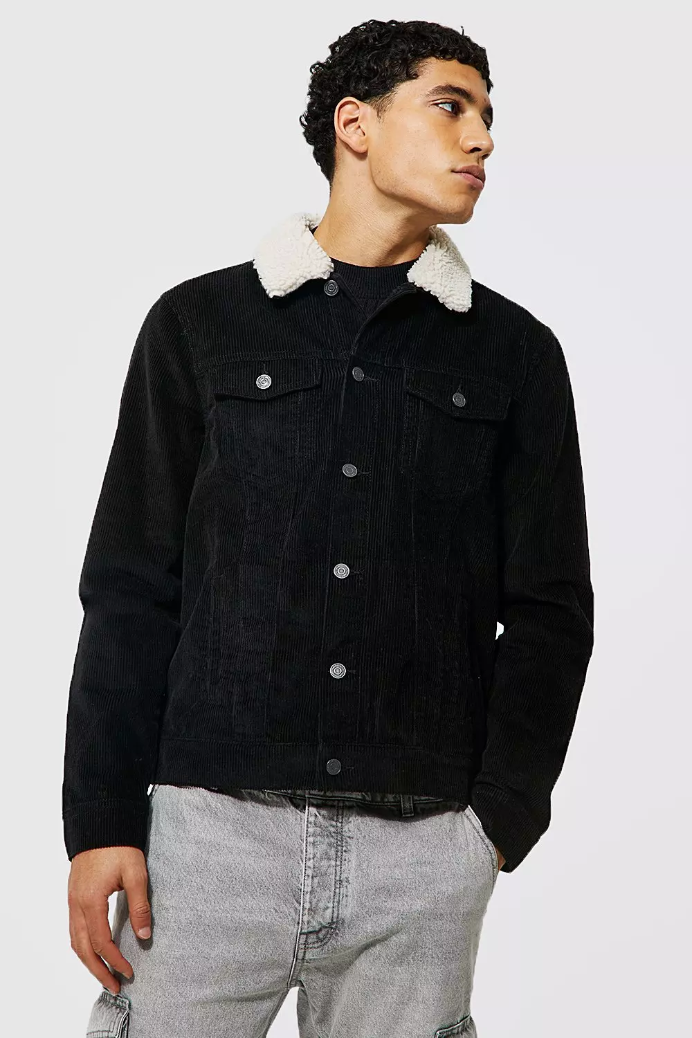 Black Regular Fit Borg Collar Cord Jacket alternative image