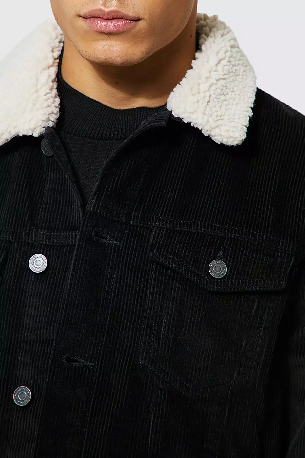Black Regular Fit Borg Collar Cord Jacket alternative image
