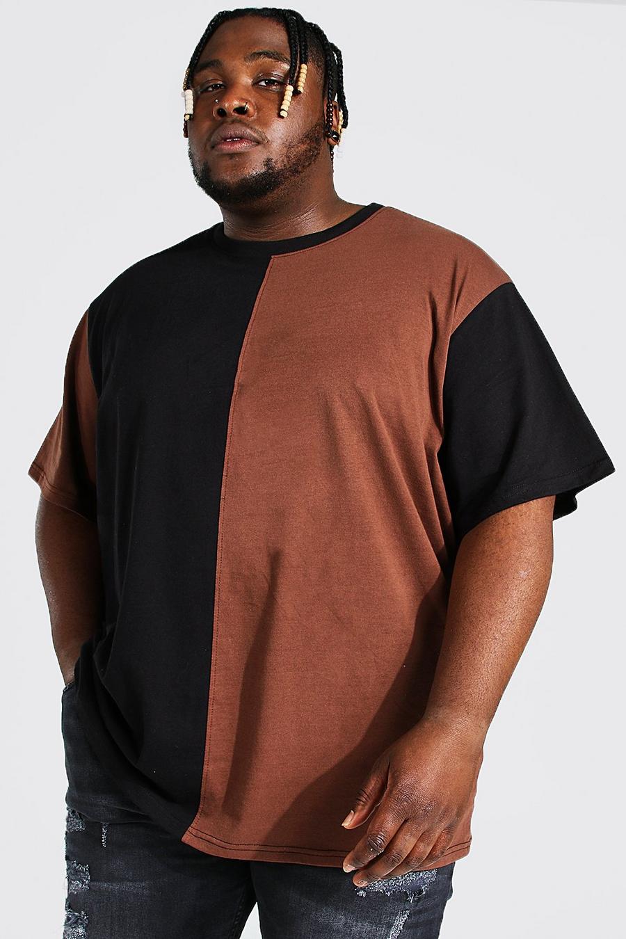 Brown Plus Size Baggy Verticaal Colour Block T-Shirt image number 1