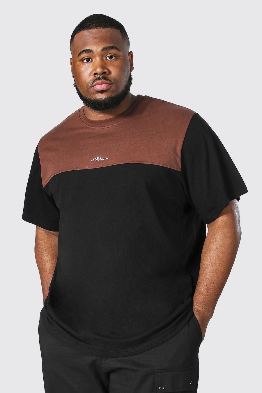 Brown marron Plus Size Colour Block Man T-Shirt Met Tekst image number 1