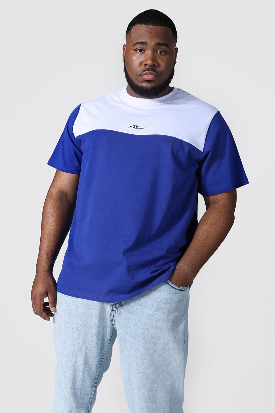 Plus Colorblock T-Shirt mit Man-Schriftzug, Cobalt blue image number 1
