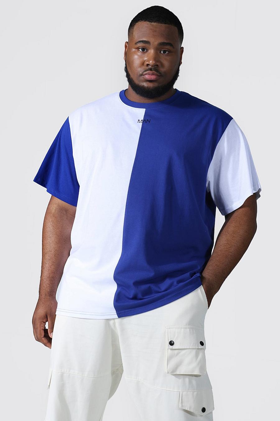 Plus Loose Fit Man T-Shirt im vertikalem Colorblock, Kobaltblau blue image number 1