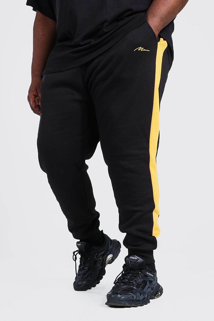 Plus Size Slim Fit Jogginghose mit Colorblock und Man-Streifen, Senfgelb yellow image number 1