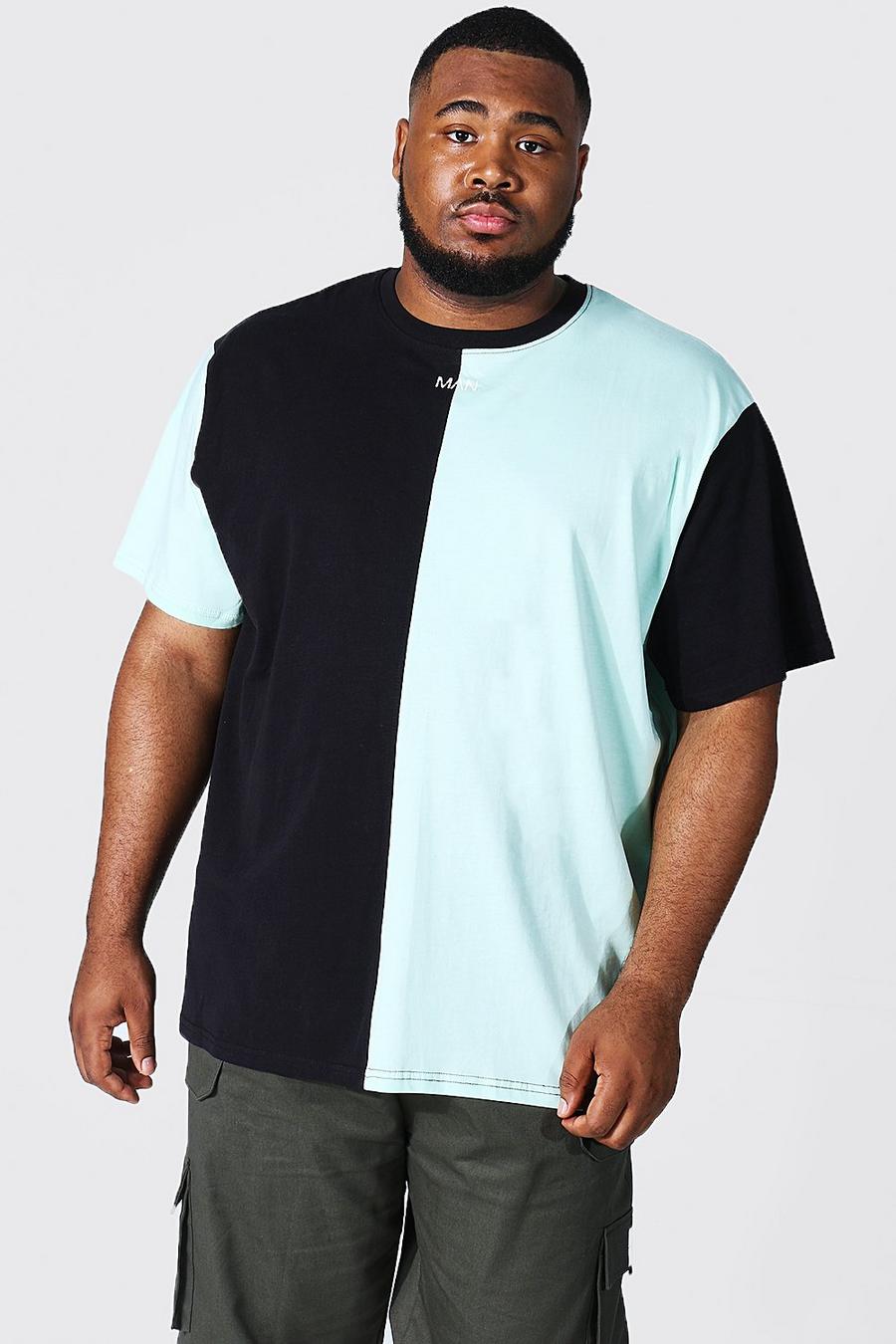 Plus Size Loose Fit Man T-Shirt mit vertikalem Colorblock, Minzgrün vert image number 1
