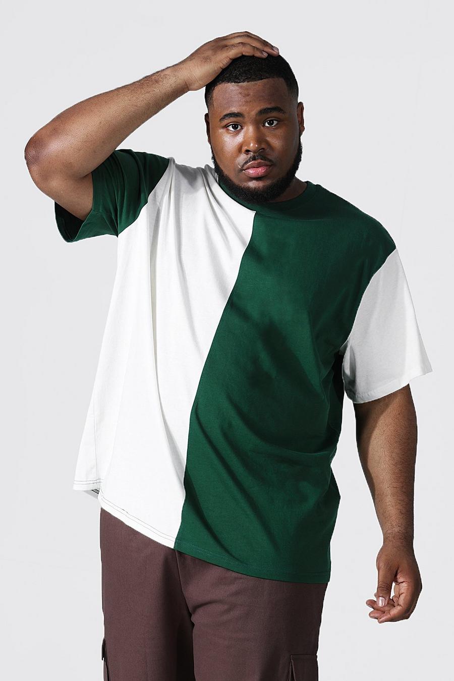 Plus Size Loose Fit T-Shirt mit vertikalem Colorblock, Dunkelgrün green image number 1
