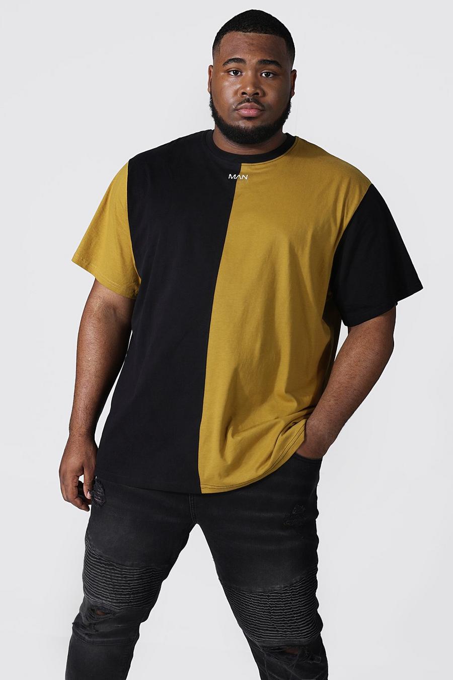 Mustard gelb Plus Size Baggy Verticaal Colour Block Man T-Shirt image number 1