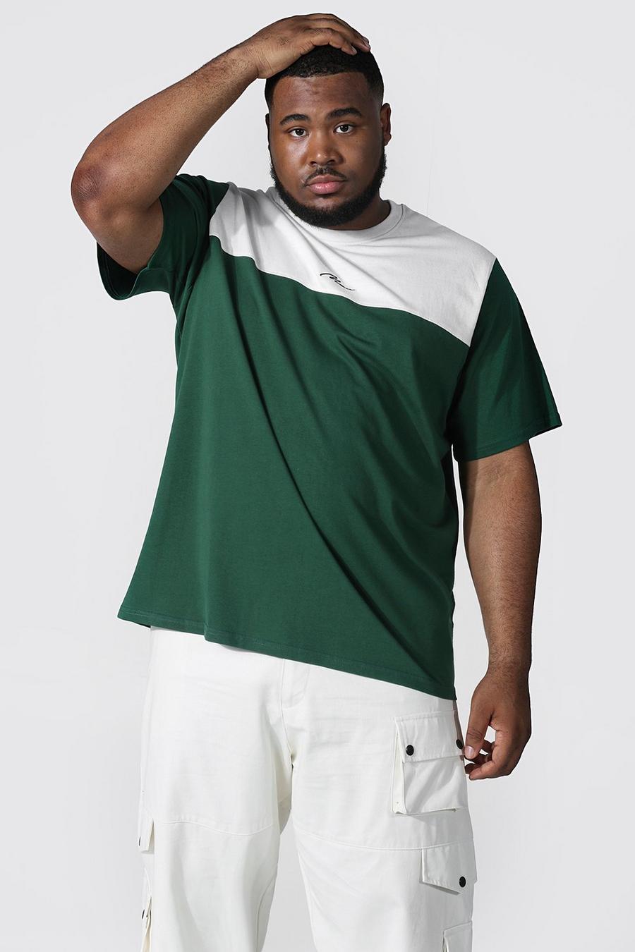 Dark green Plus Size Colour Block Man T-Shirt Met Tekst image number 1
