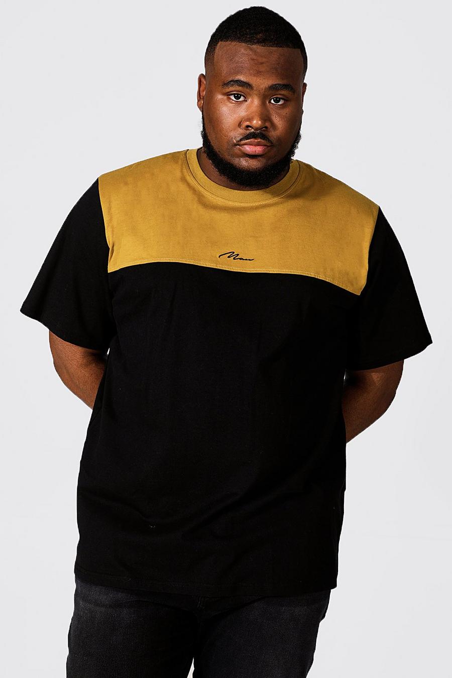 Plus Colorblock T-Shirt mit Man-Schriftzug, Mustard jaune image number 1