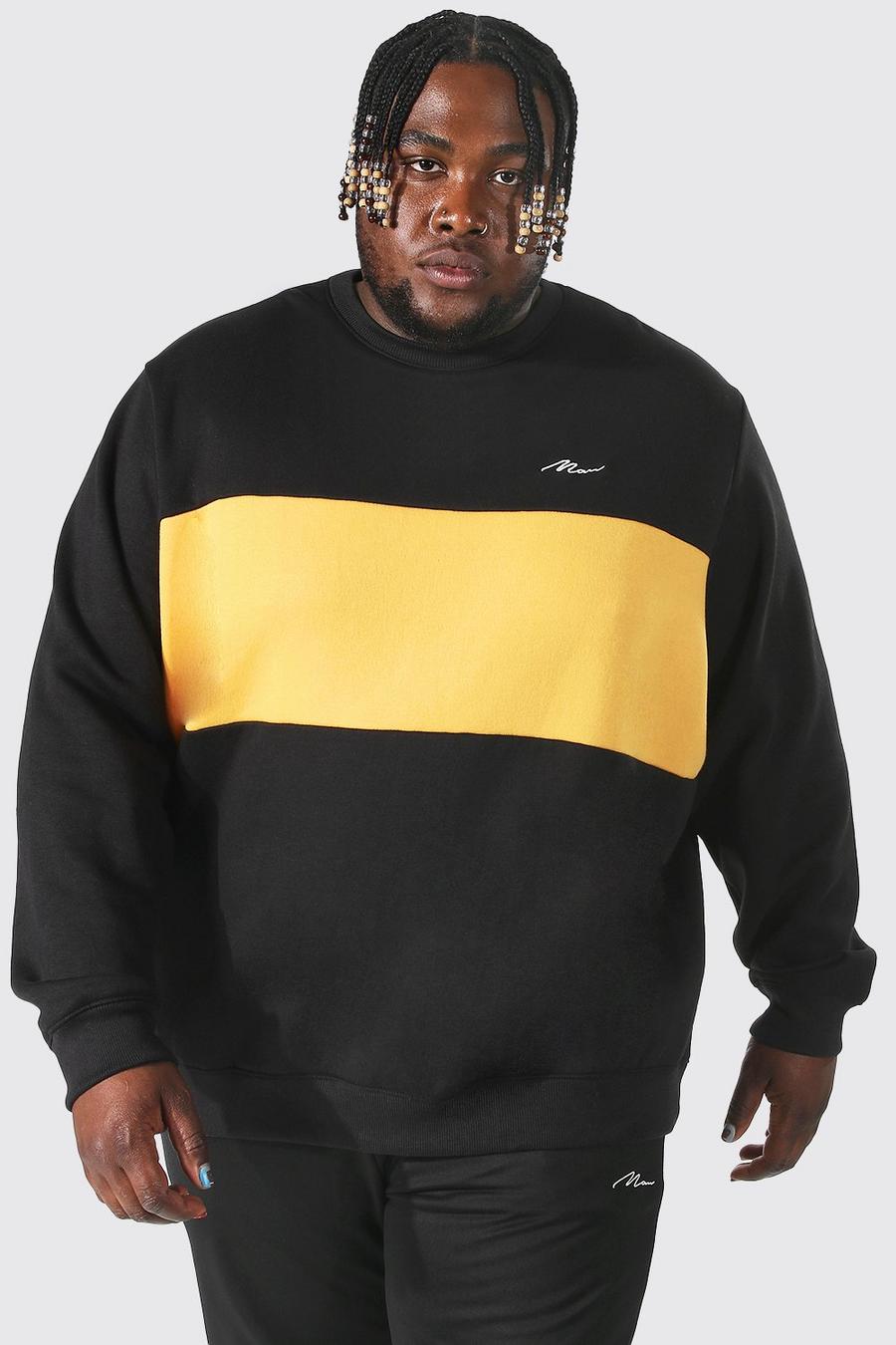 Plus Size Sweatshirt mit Colorblock und Man-Streifen, Senfgelb image number 1