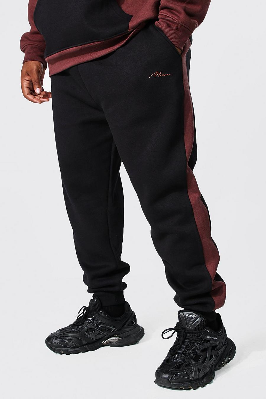 Plus Size Slim Fit Jogginghose mit Colorblock und Man-Streifen, Braun marron image number 1