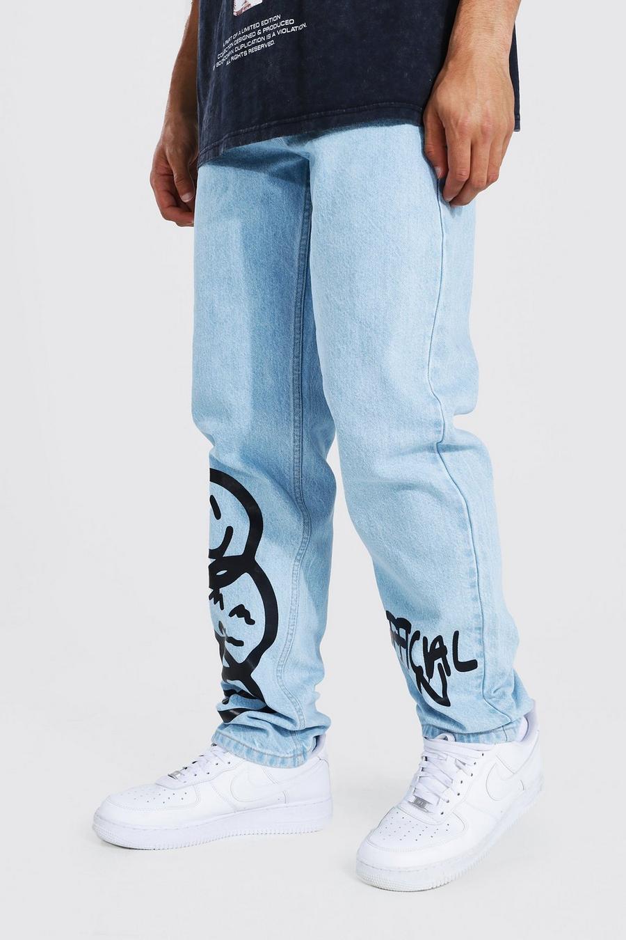 Ice blue Jeans med sprayfärgat tryck och ledig passform image number 1