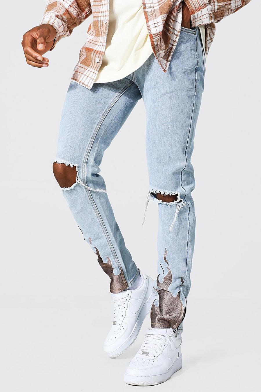 Skinny Jeans mit Flammen-Applique, Ice blue image number 1
