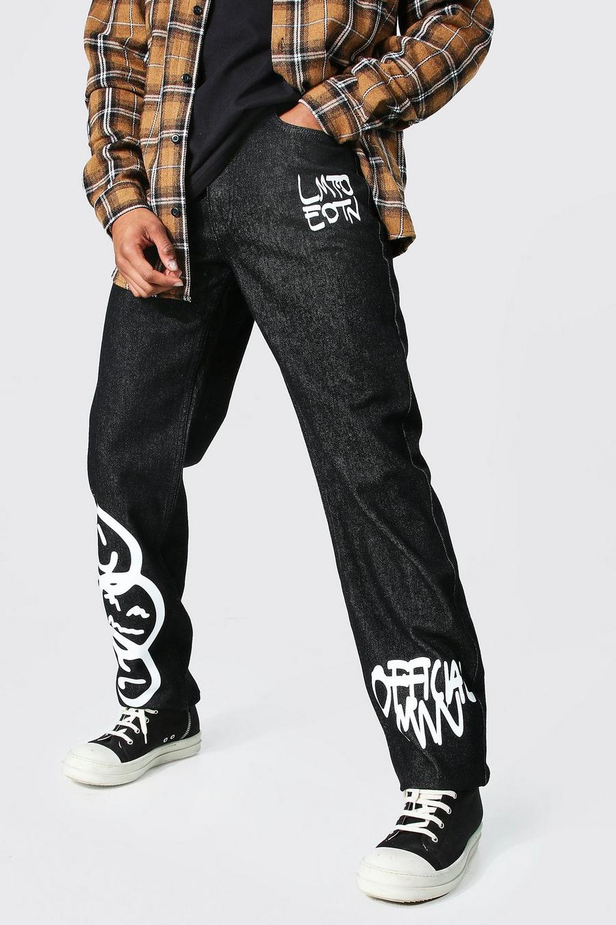 Black svart Jeans med sprayfärgat tryck och ledig passform image number 1