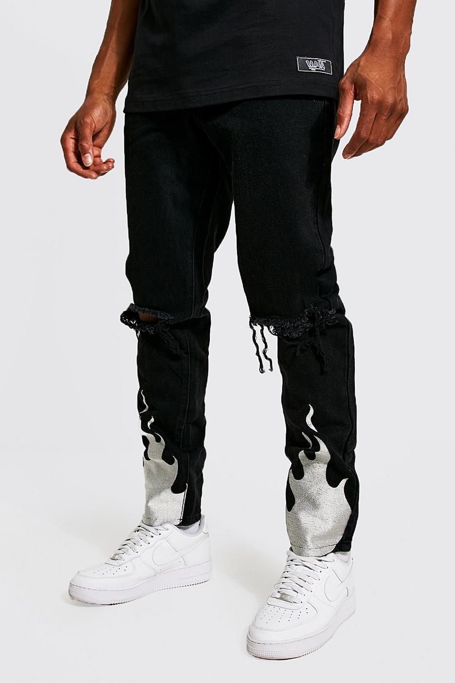 True black Skinny Rigid Flame Applique Jeans image number 1