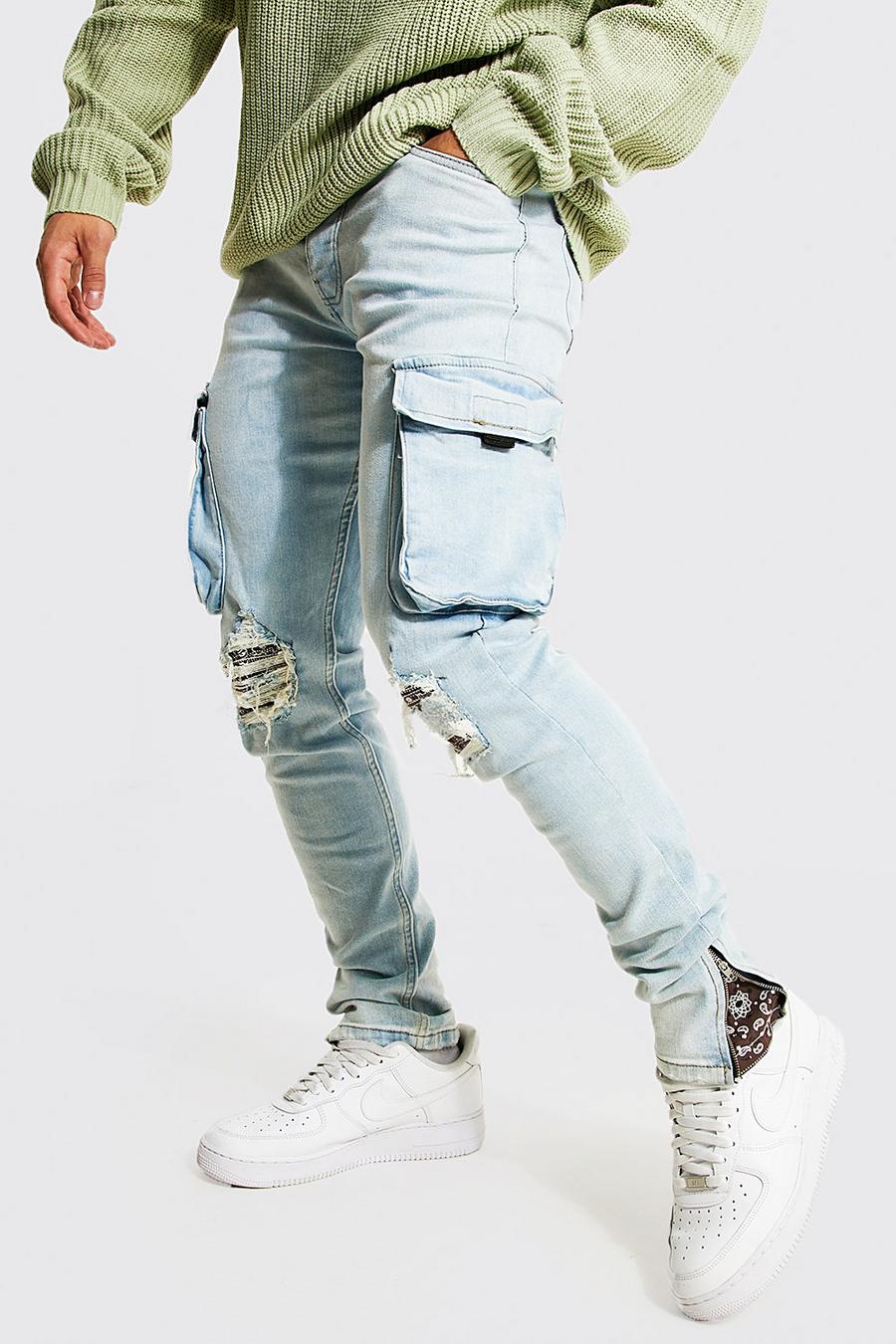 Ice blue Slitna skinny jeans med cargofickor och lagningar image number 1