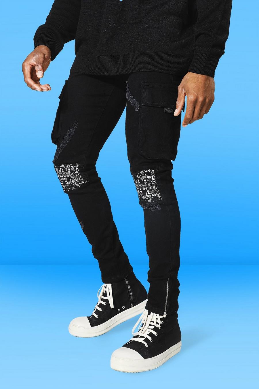 שחור אמיתי סקיני ג'ינס דגמ"ח נמתח עם עיטורי בנדנה image number 1