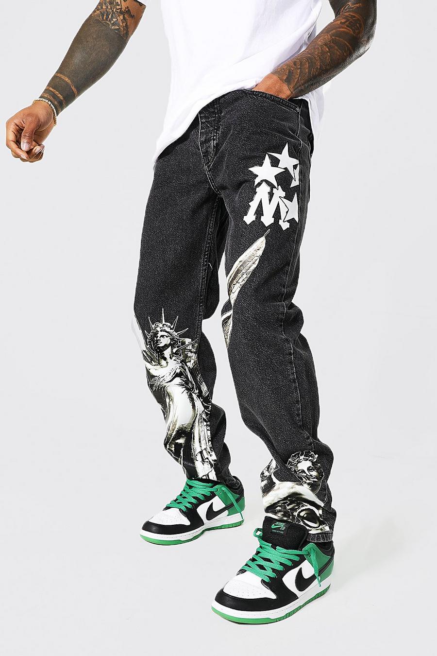 Charcoal grå Jeans med tryck och ledig passform image number 1