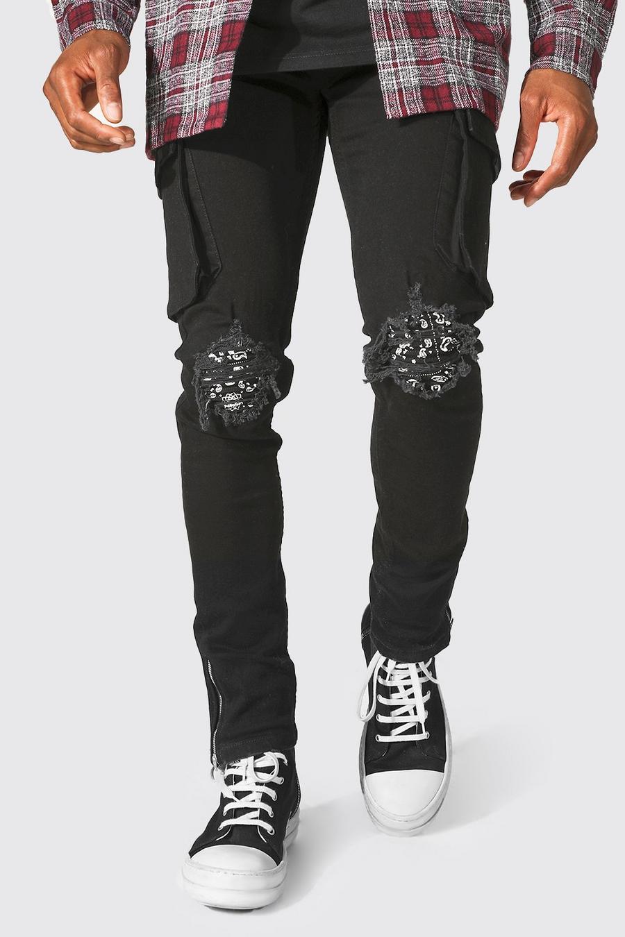 True black Slitna skinny jeans med cargofickor och lagningar image number 1